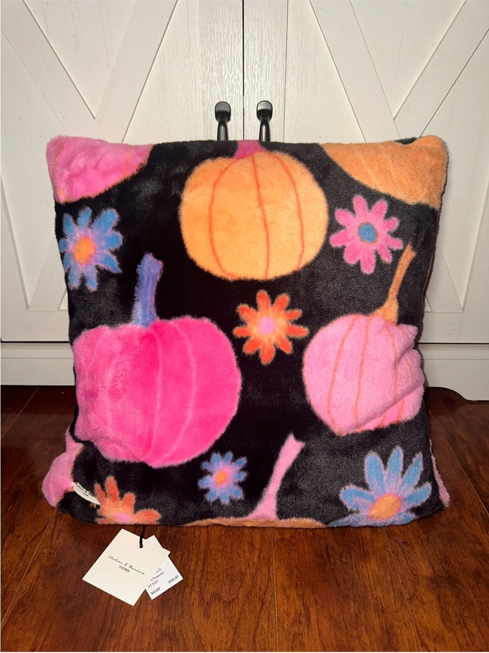 Chelsea & Theodore Black Faux Fur Pillow with Bright Pink and Orange Pumpkins